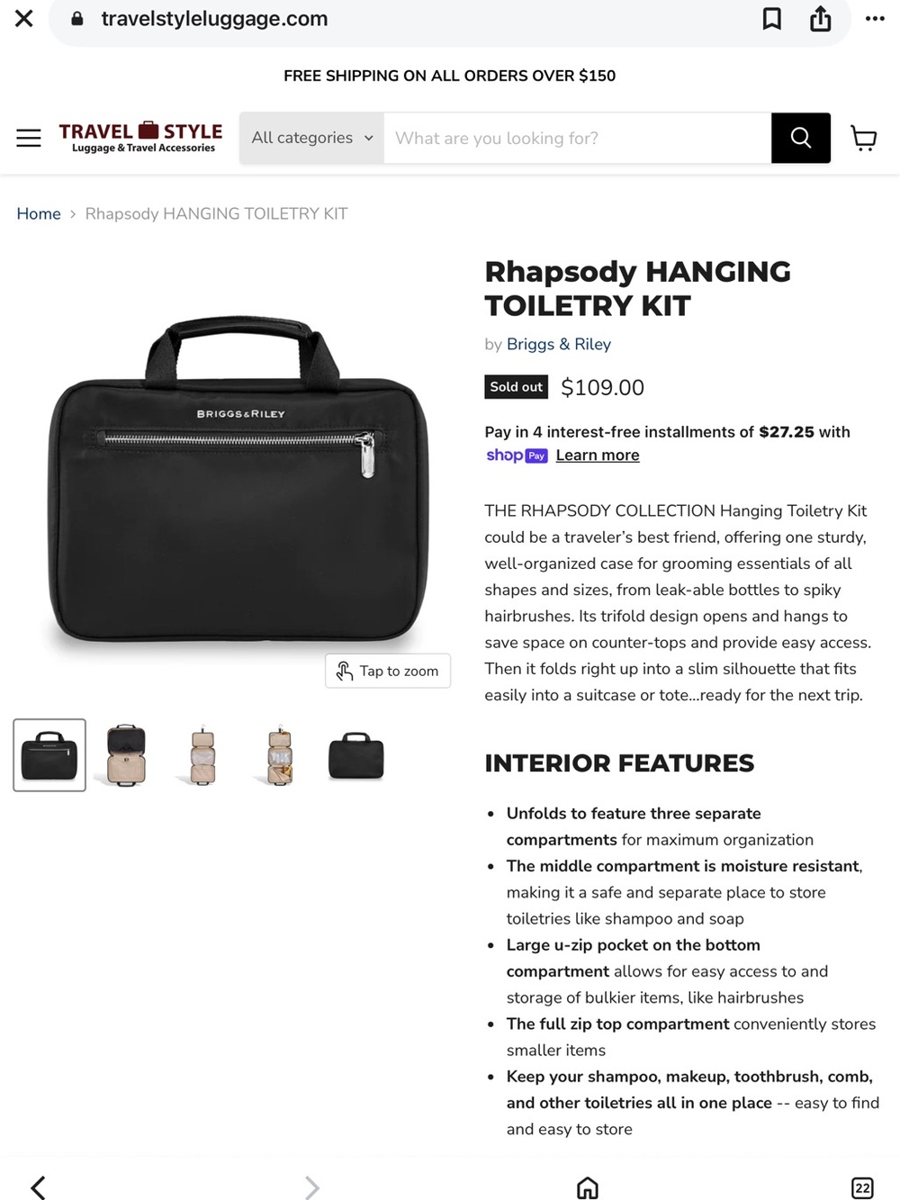 Briggs & Riley Black Hanging Toiletry Kit NWOT vacation travel jewelry   Makeup